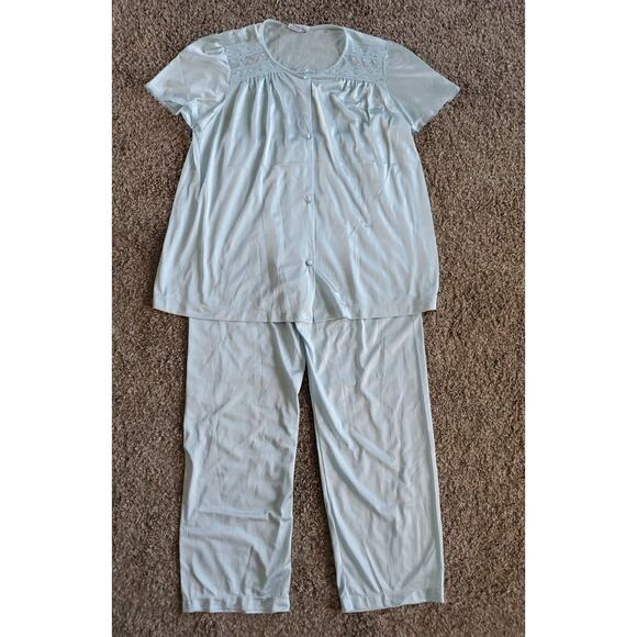Vtg Vanity Fair Light Blue Nylon Embroidered Lace 2 Piece Pajama Set Womens M - Picture 1 of 12
